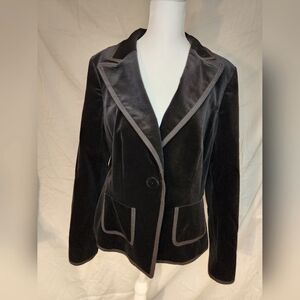 Ann Taylor Sz 10 Black soft velvet blazers jacket one button blue satin lined